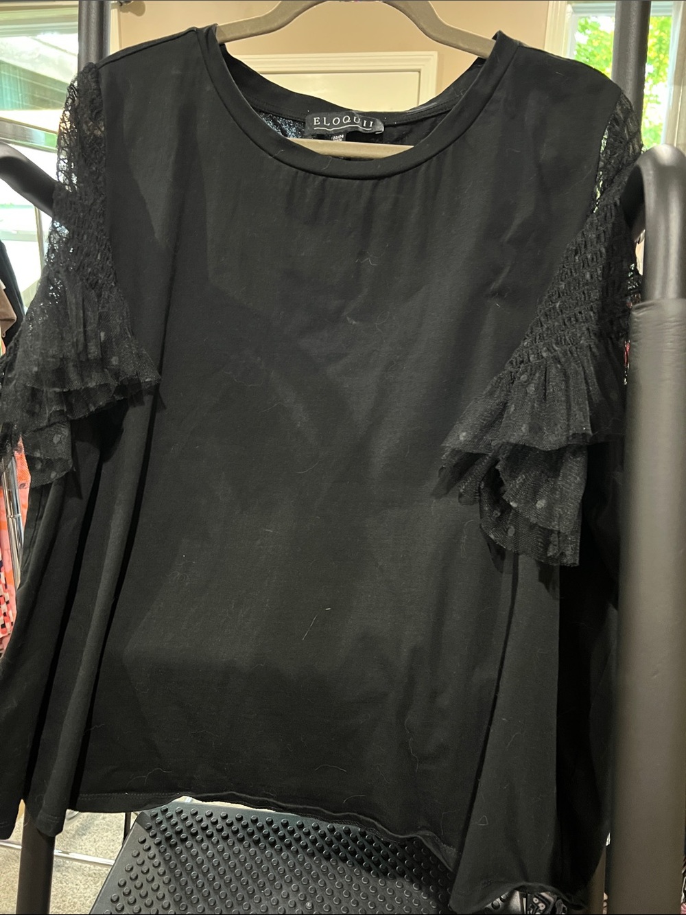 Eloquii Black Long-Sleeve Top with Lace Ruffle Sleeves H283